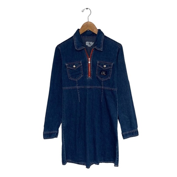 Calvin Klein Denim Dress Size Medium Petite Blue Red Long Sleeve Vintage Jean - Picture 1 of 8